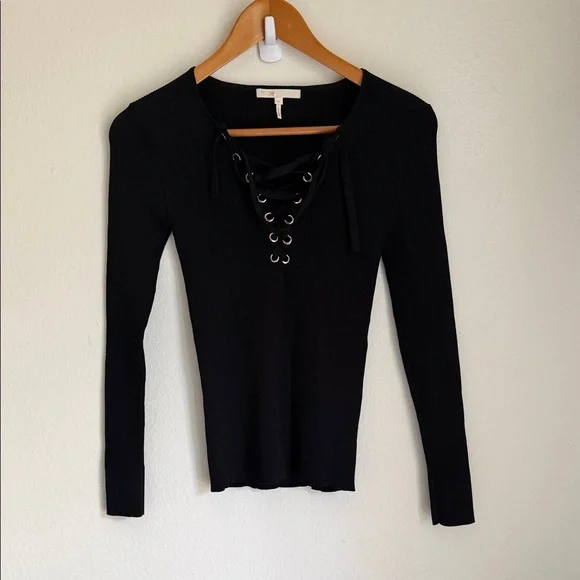Maje Black Lace-Up Ribbed Long Sleeve Top - Picture 1 of 4